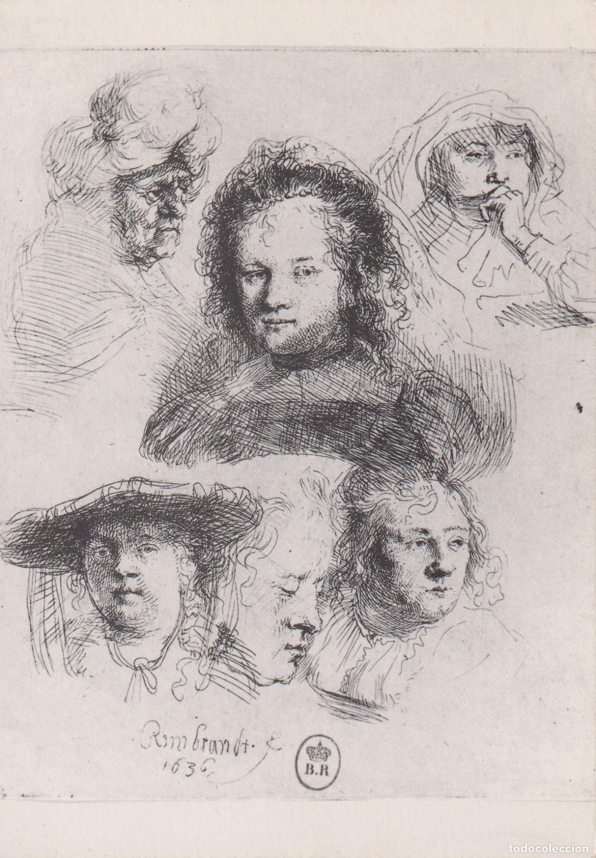 Postales: POSTAL DE LA OBRA DE REMBRANDT, ESTUDIO DE SEIS CABEZAS, ENTRE LAS CUALES SE ENCUENTRA LA DE SASKIA