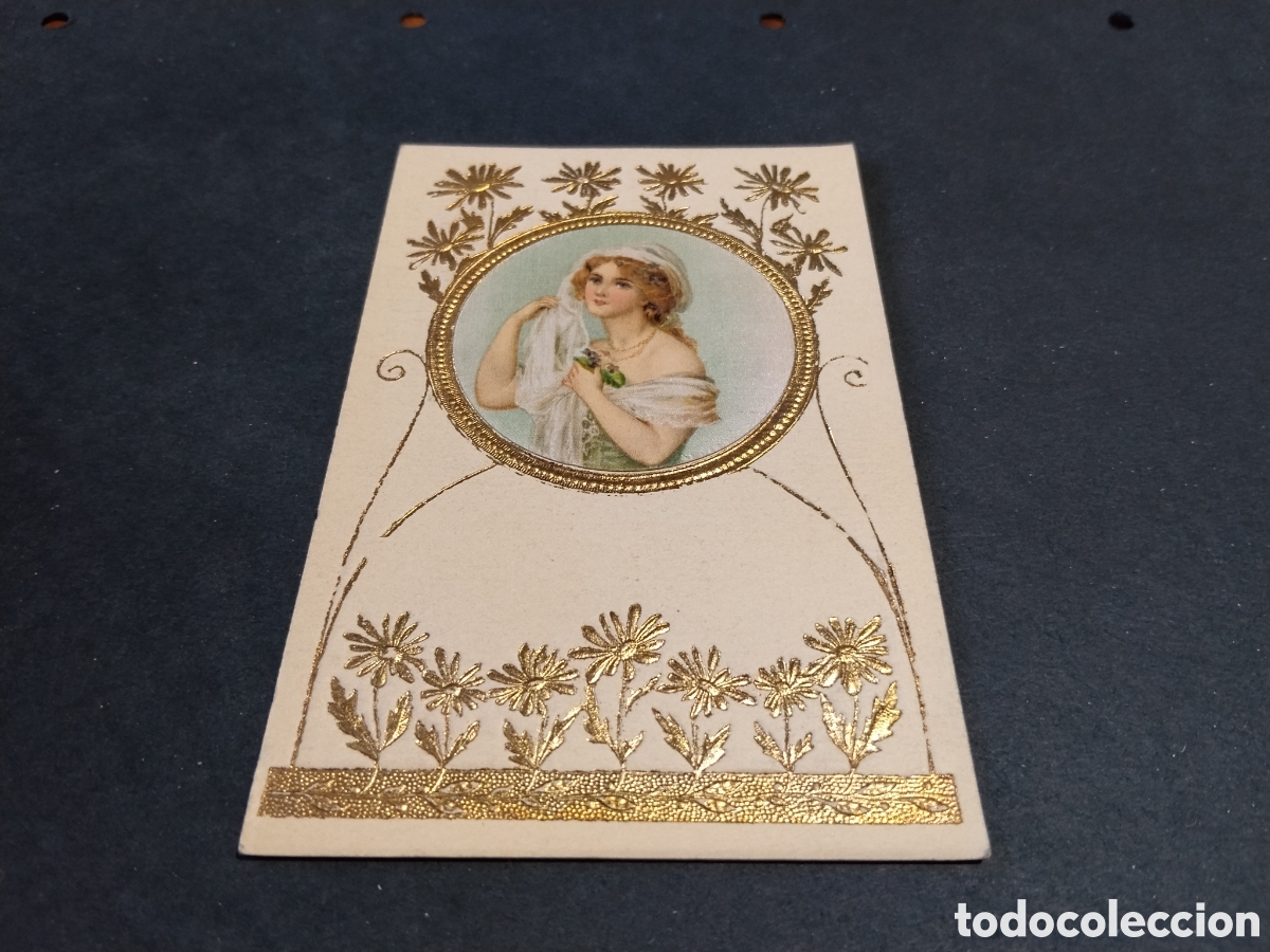 Postales: Postal antigua arte relieve dorado, ilustraci&oacute;n mujer