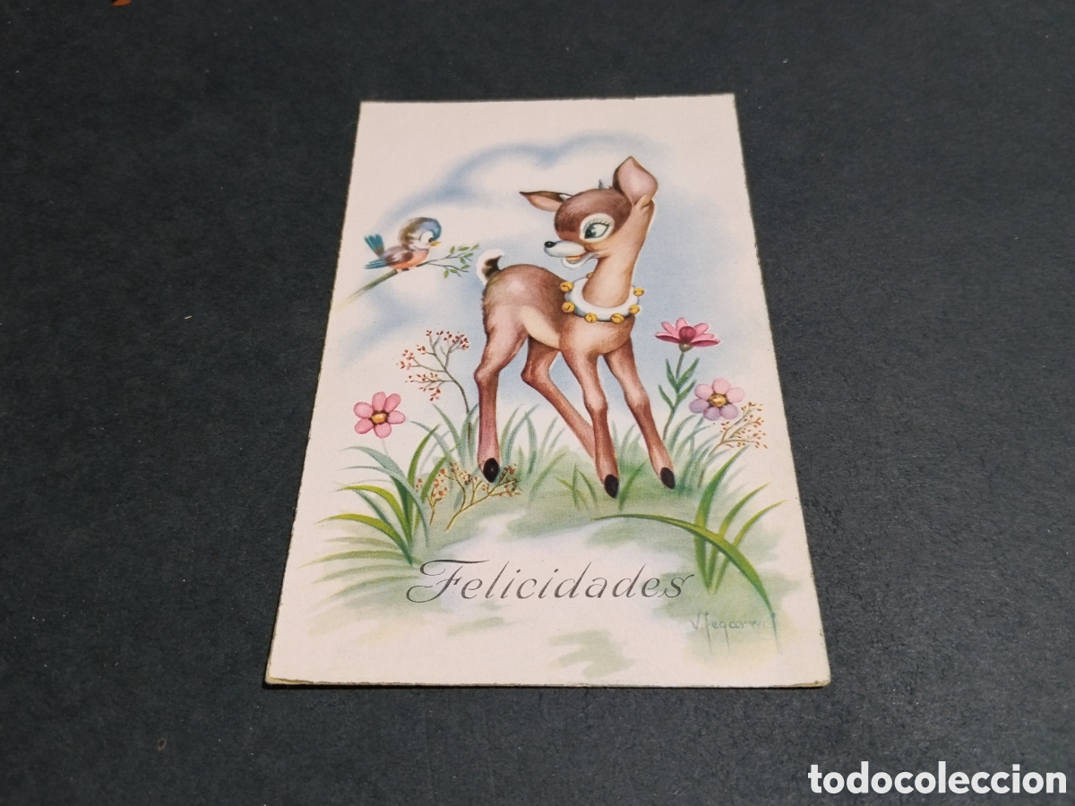 Postales: Postal antigua,felicidades dibujo ciervo p&aacute;jaro