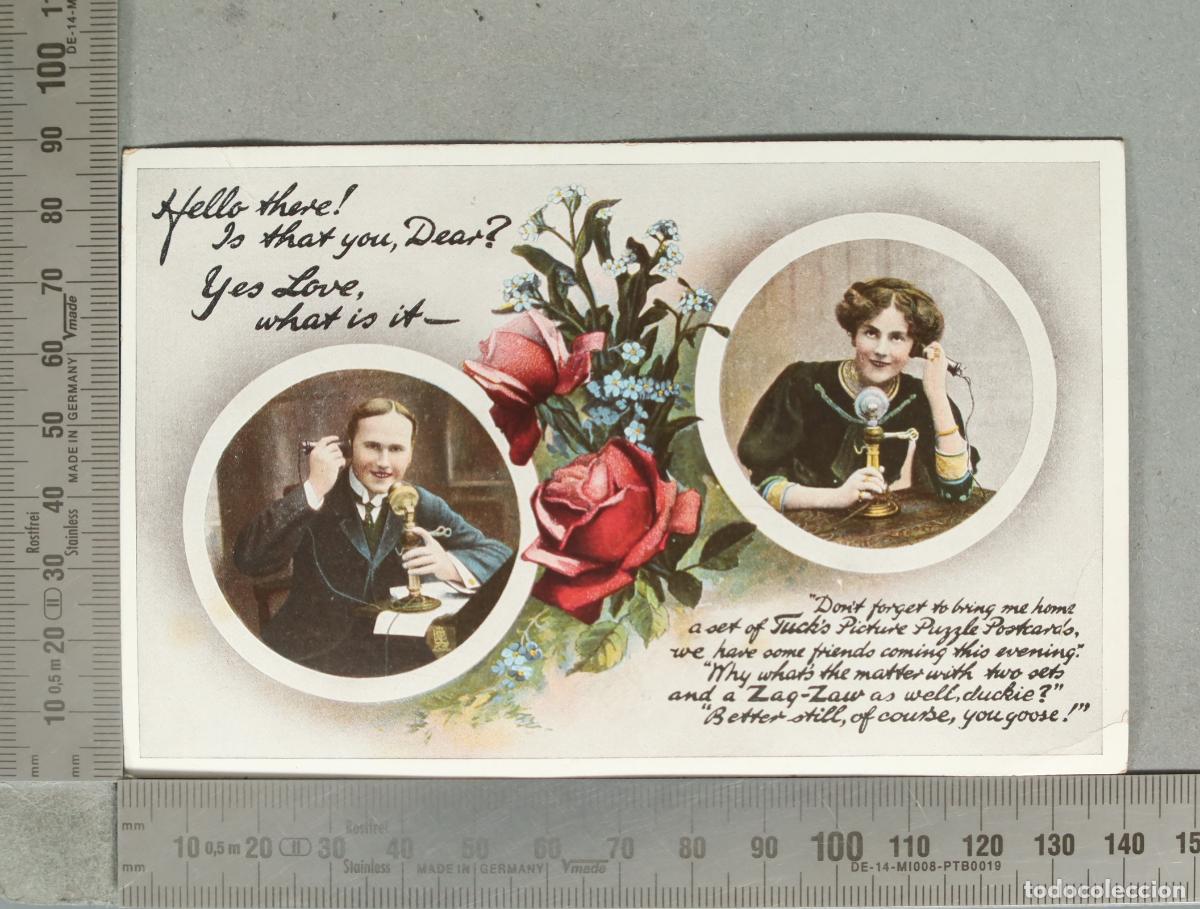 Postales: Tuck's Zag-Zaw Picture Puzzles - Couple Talk on Telephone Advert