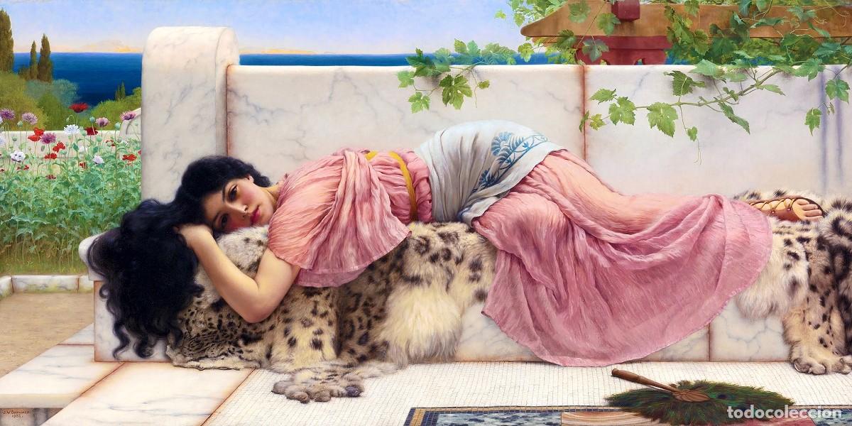 Postales: Postal del cuadro When the Heart is Young, de John William Godward. Tema: Pintura, Arte.