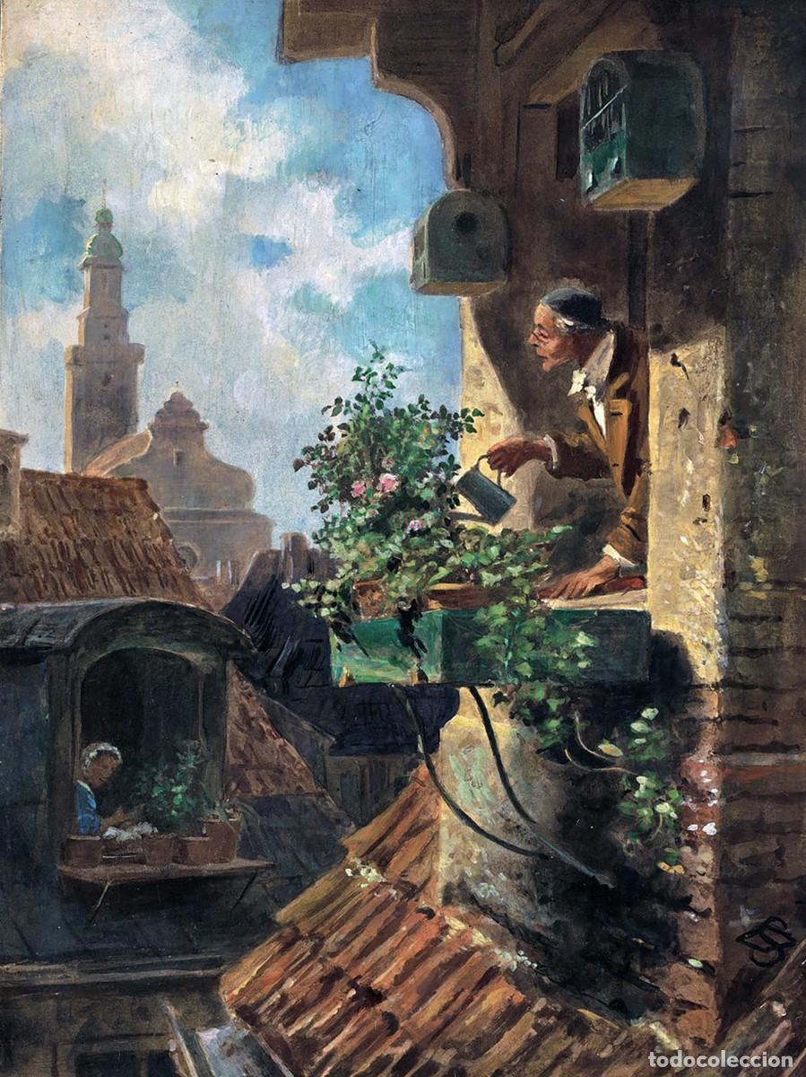 Postales: Postal del cuadro La Buhardilla, de Carl Spitzweg. Tema: Pintura, Arte.