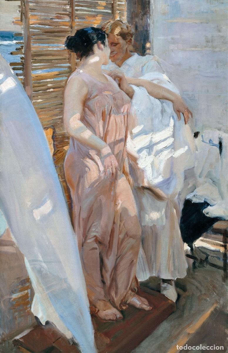 Postales: Postal del cuadro La Bata Rosa, de Joaqu&iacute;n Sorolla. Tema: Pintura, Arte, Mar.