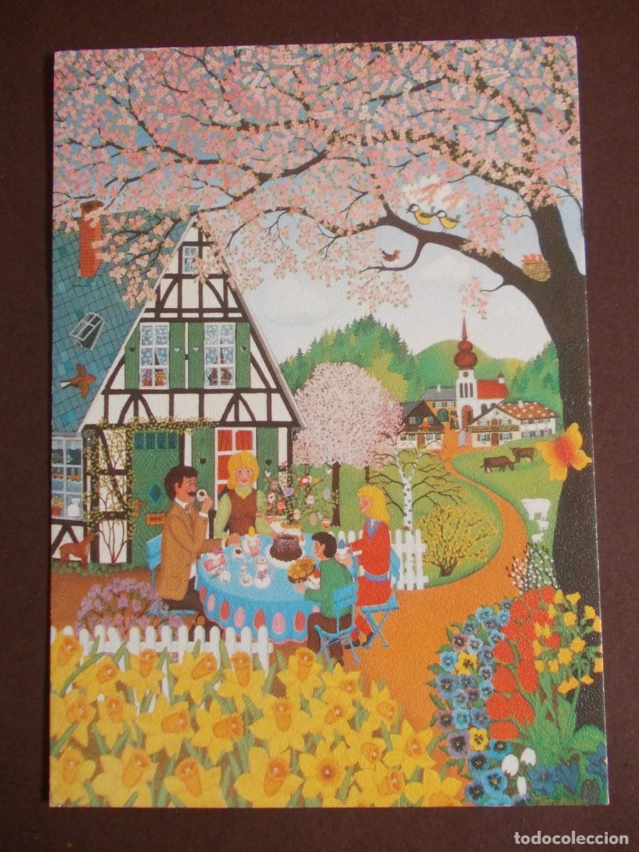 Postkarten: Postal Spring Garden Scene J&ouml;rn Meyer naive art Kunstverlag Dutkoff escena campestre vintage