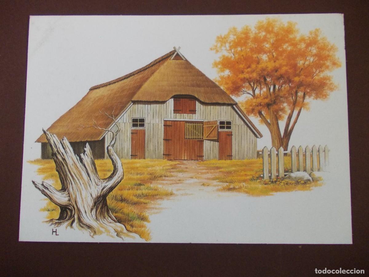 Postkarten: Postal antigua Lise Hoff Barn and Sheep-Pen in L&uuml;neburger Heide Serie H&auml;user Katen Scheunen granero