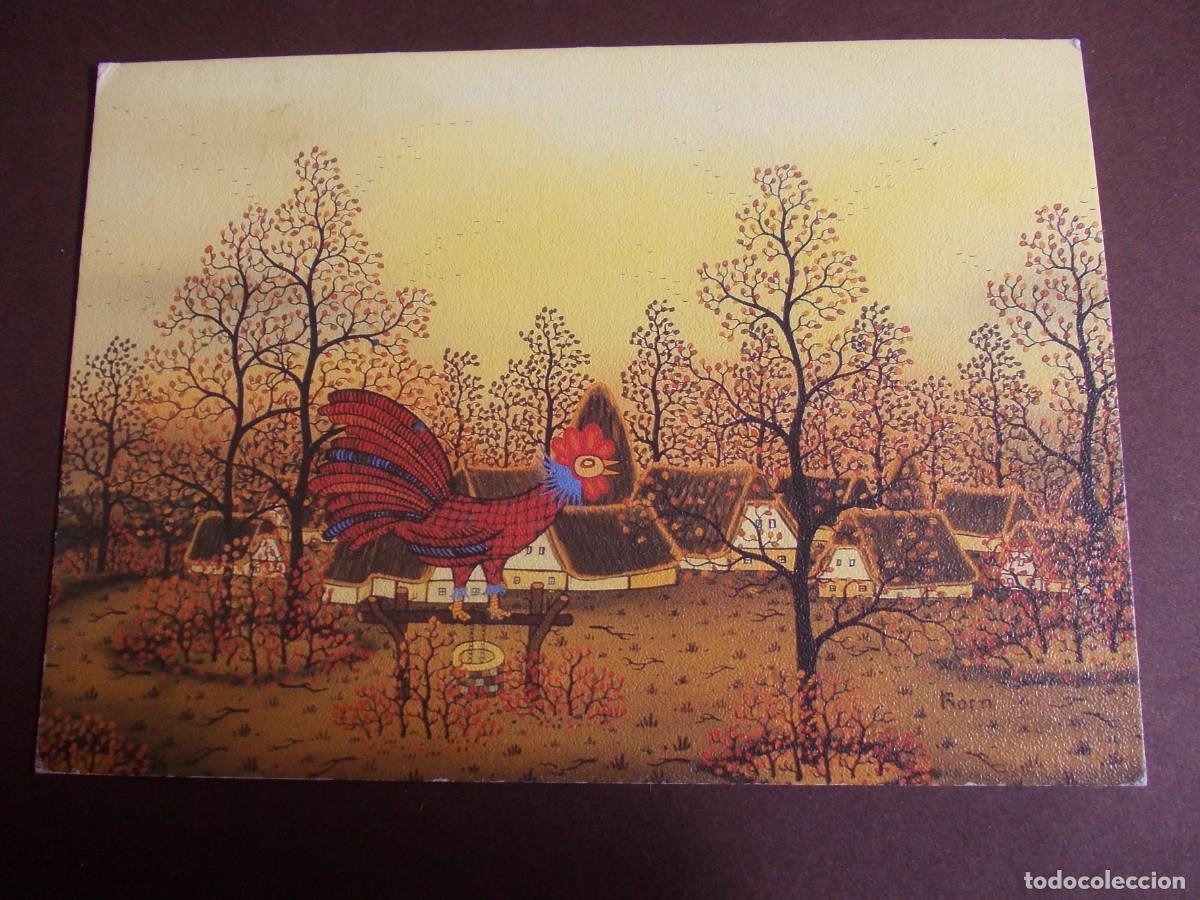 Postkarten: Postal Wenn der Hahn kr&auml;ht Cock of the village Manfred Horn escena rural oto&ntilde;o