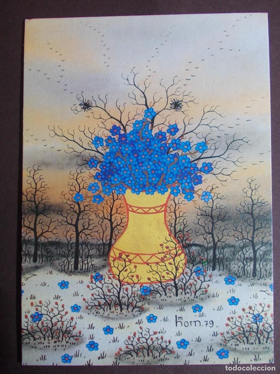 Postcards: Postal arte Manfred Horn (Korn) Bl&uuml;tengr&uuml;&szlig;e jarr&oacute;n flores azules paisaje simb&oacute;lico 1979