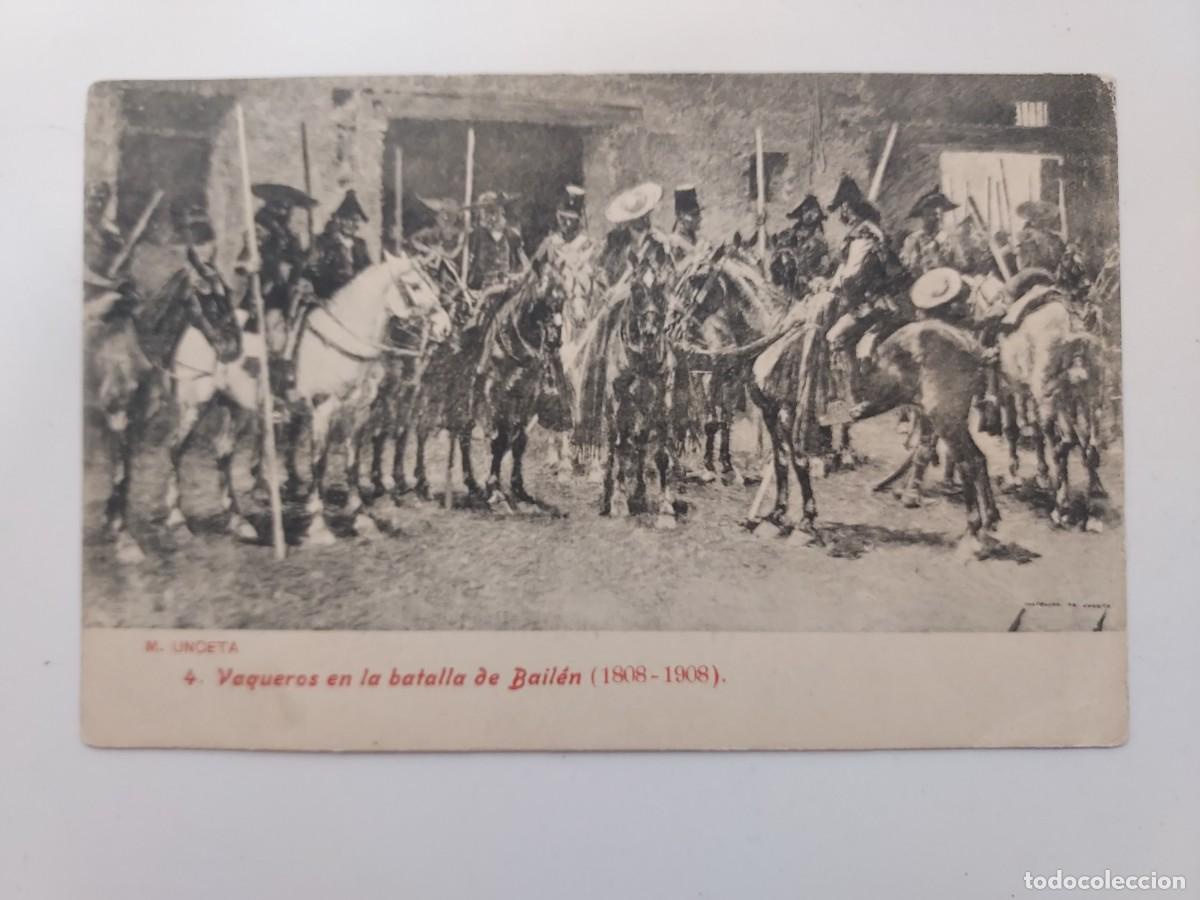Postales: POSTAL ANTIGUA. M. UNCETA. VAQUEROS EN LA BATALLA DE BAILEN (1808-1908). CIRCULADA 1908. LACOSTE