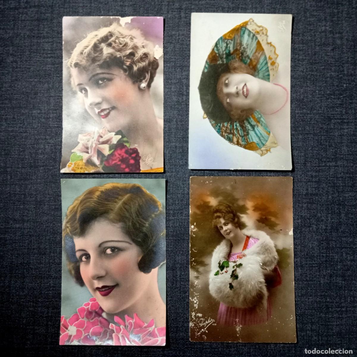 Postales: Lote 4 Postales Antiguas Retratos Dama Pamela Abanico Estola Piel Saphir 1917-1921 Reus