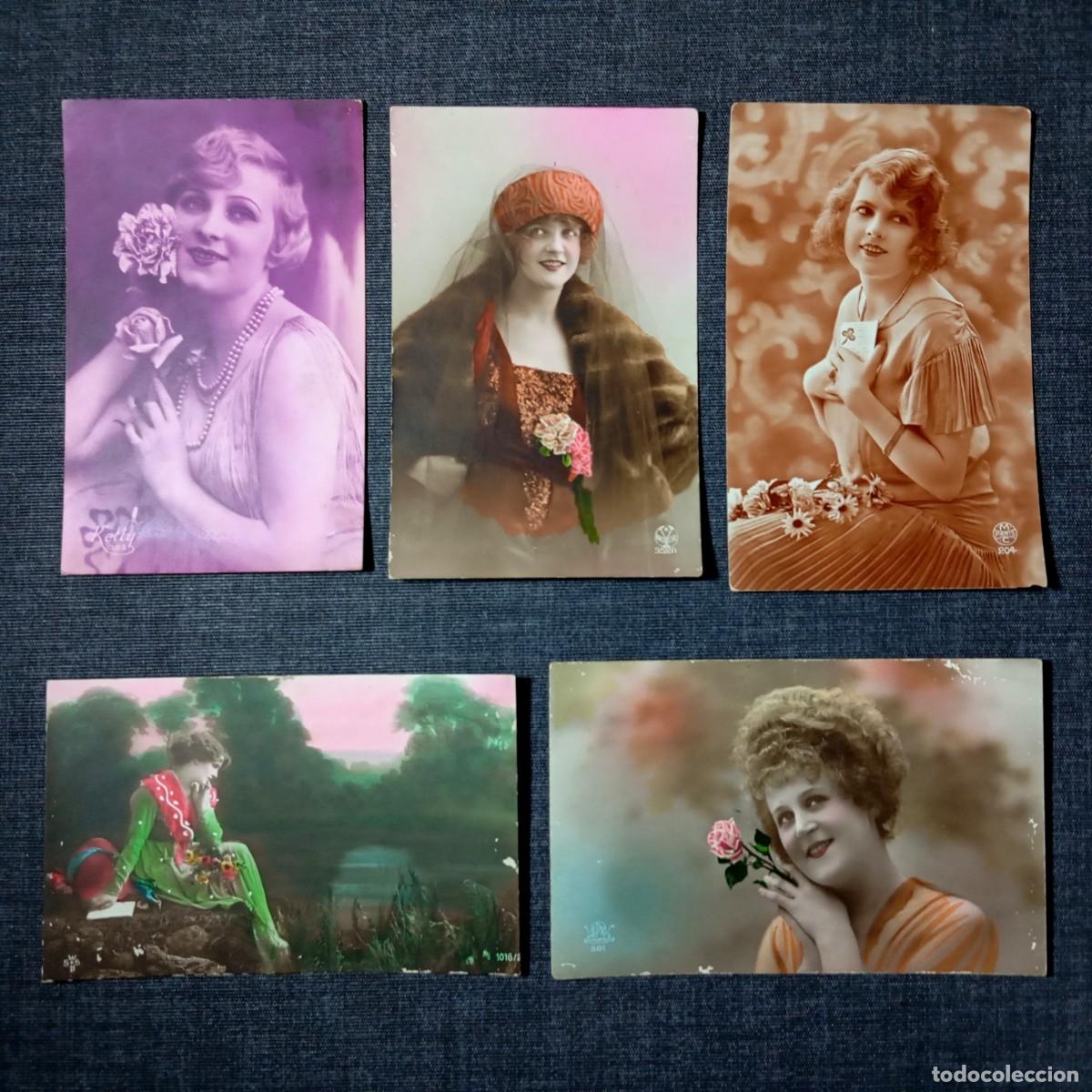 Postales: Lote 5 Postales Antiguas Retratos Moda Anos 20 Piel Velo Paisaje Kelly M Paris 1921-1927