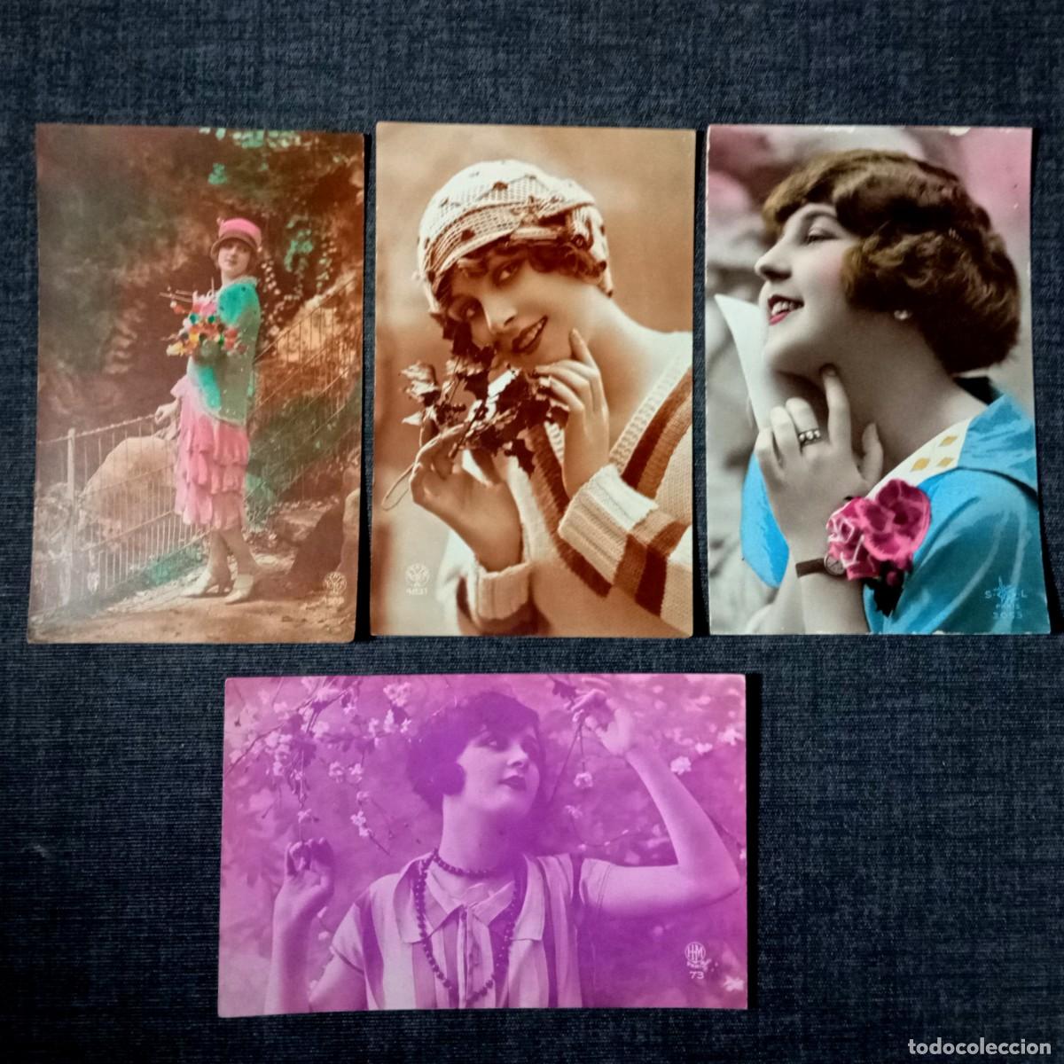 Postales: Lote 4 Postales Antiguas Retratos Moda Anos 20 Noyer Paris Gorro Lana Jardin 1929 Reus