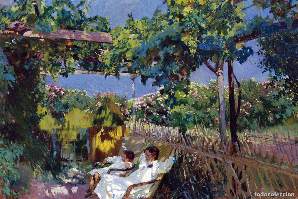 Postales: Postal del cuadro La Siesta en el Jard&iacute;n, de Joaqu&iacute;n Sorolla. Tema: Pintura, Arte.