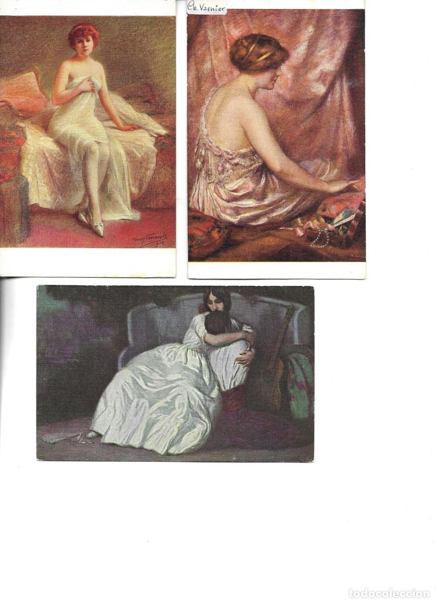 Cartoline: 3 postales antiguas, Francesas, por pintores del Salon de Paris.9 x 14 cms.