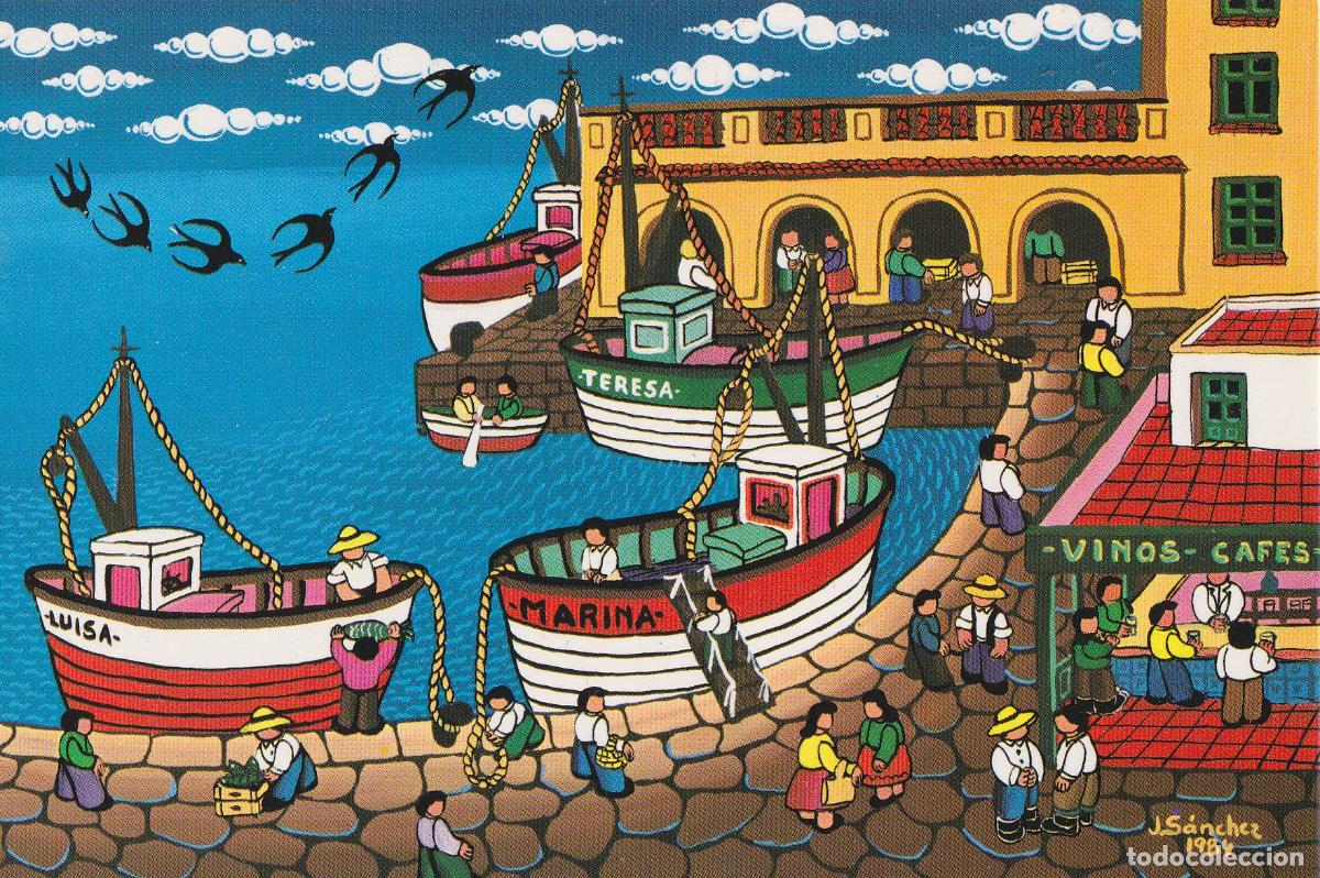 Postales: PINTURA NA&Iuml;F - PUERTO DE ARENYS DE MAR - AUTOR: J. SANCHEZ - S/C