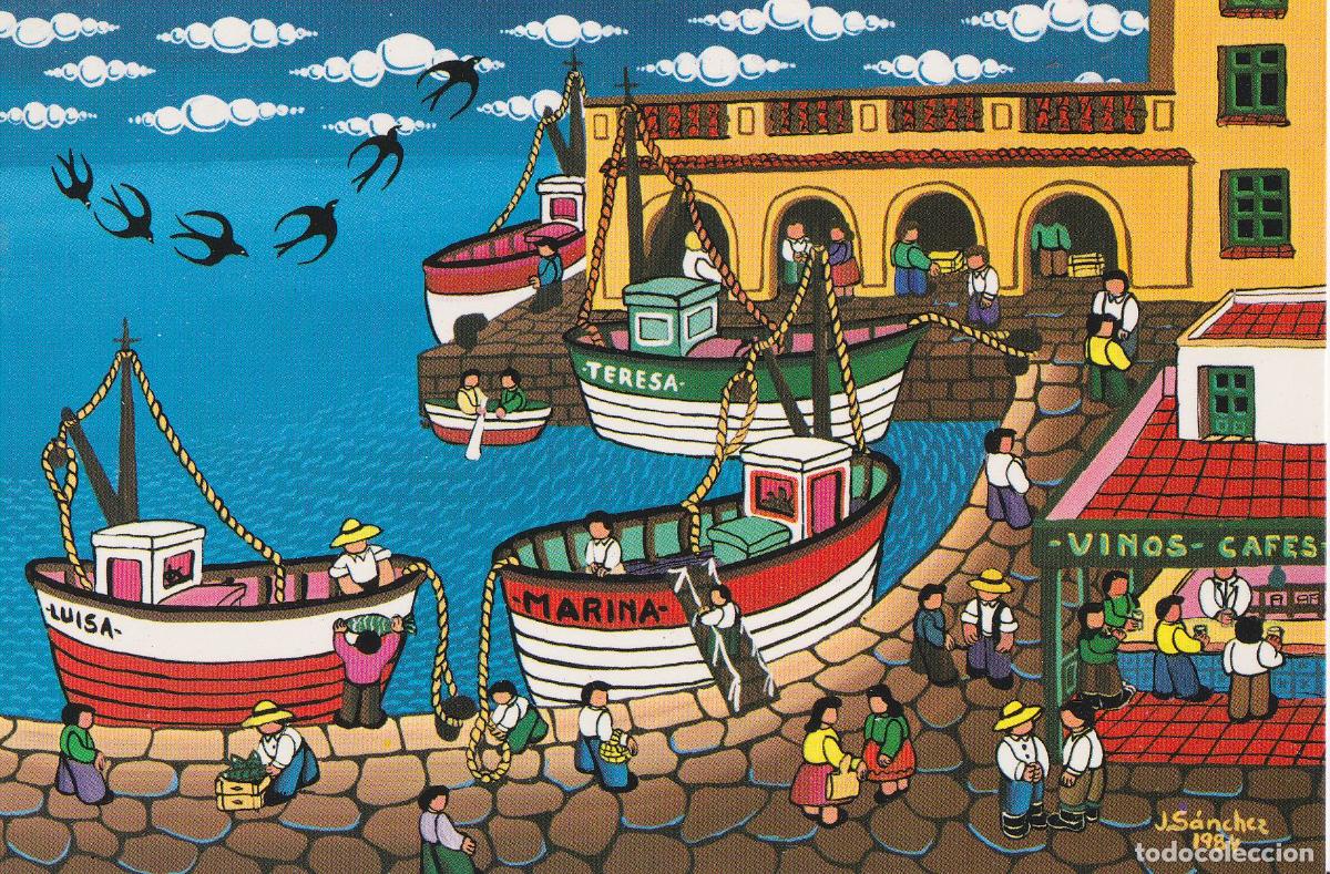 Postales: PINTURA NA&Iuml;F - PUERTO DE ARENYS DE MAR - AUTOR: J. SANCHEZ - S/C