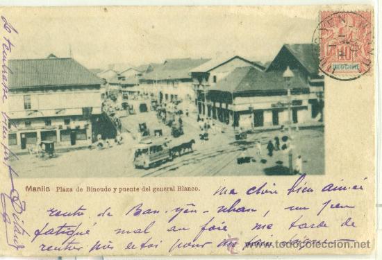 Postales: MANILA. PLAZA DE BINONDO Y PUENTE GENERAL BLANCO. POSTAL ESPAÑOLA. H. 1896. TRANVÍA MULAS. MUY RARA. - Foto 1 - 31514338