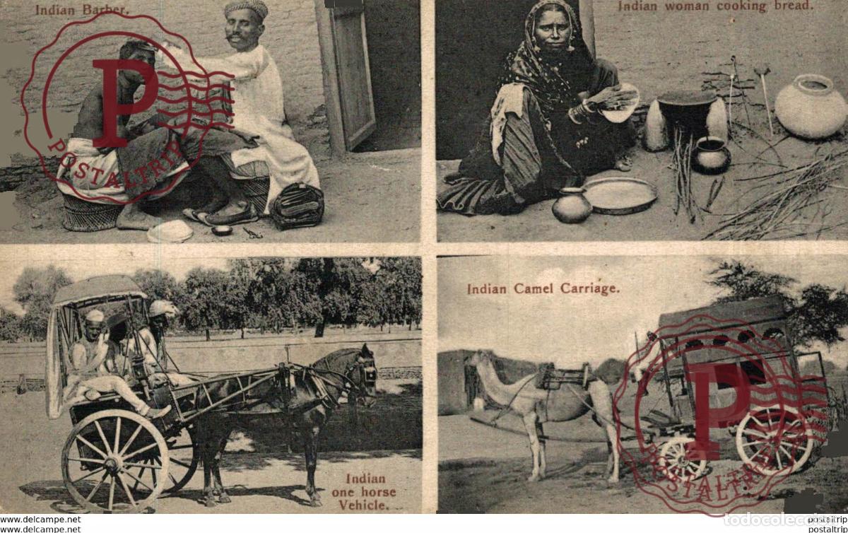 Postales: INDIA INDE. INDIAN BARBER INDIAN WOMAN COOCKING BREAD INDIAN ONE HORSE VEHICLE INDIAN CA