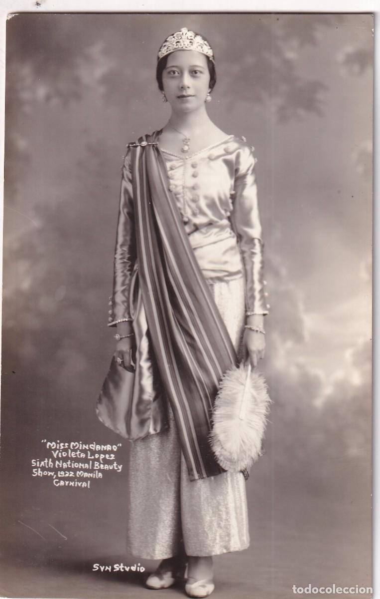 Postales: Miss Mindanao. Manila Filipinas. Sun Studio. Violeta Lopez. Carnaval. Acabado fotogr&aacute;fico.