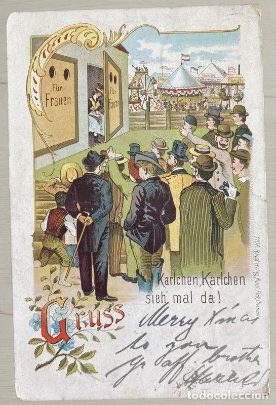Postales: CPA Humor German 1900 Karlchen sieh mal da - Paul Fink Chemnitz - Escrita Merry Xmas Rara