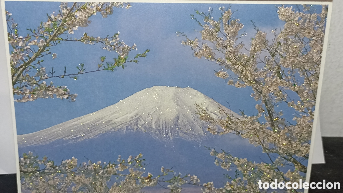 Postales: Tarjeta de felicitaci&oacute;n japonesa Sanrio &ndash; Monte Fuji y Cerezos (Sakura) con purpurina
