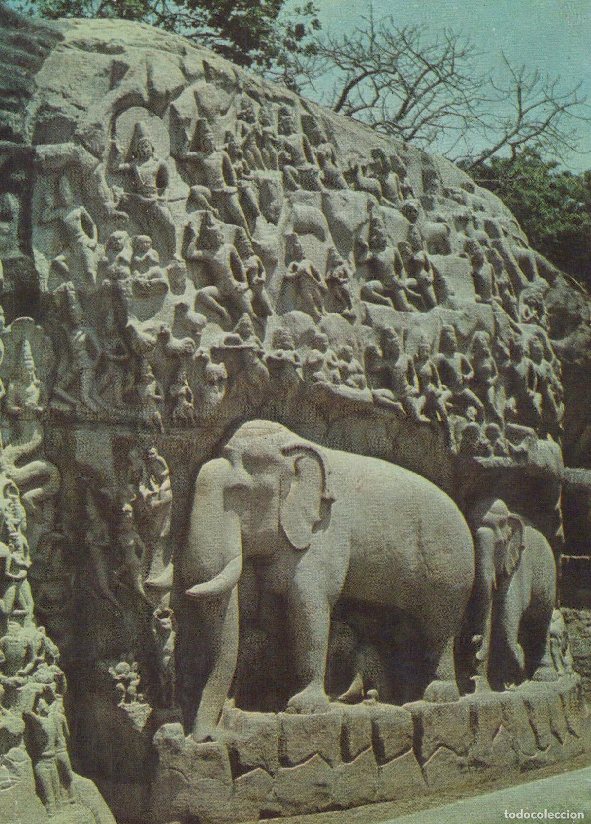 Postkarten: India Mahabalipuram Rock Sculpture with Elephants *YAK829