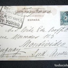 Postales: AÑO 1901. TARJETA POSTAL DE GIJÓN A MONTEVIDEO (URUGUAY) CON MARCA EN NEGRO CARTEROS 2º TURNO. Lote 76672847