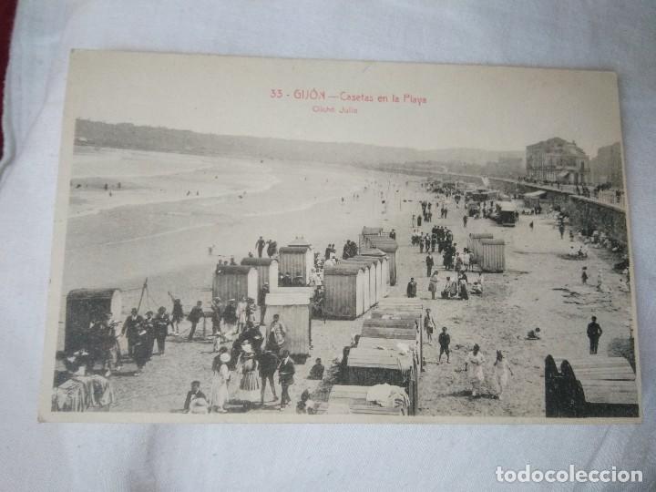 Postales: CASETAS EN LA PLAYA. GIJ&Oacute;N. 1920. - Foto 2