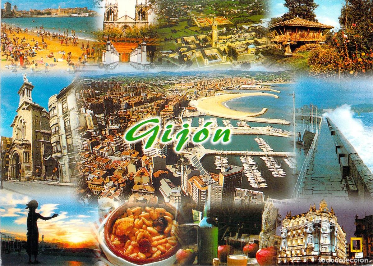 Postales: Postal de Gij&oacute;n Asturias Vistas Varias Playa y Gastronom&iacute;a
