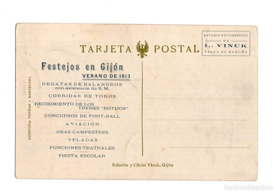 Postales: GIJ&Oacute;N.(ASTURIAS).- PLAYA DE SAN LORENZO. PUBLICIDAD. FESTEJOS VERANO DE 1913 REGATAS, AVIACI&Oacute;N