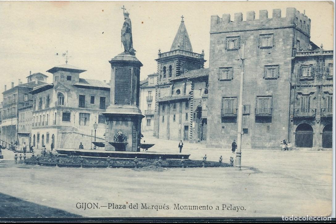 Postales: GIJON (ASTURIAS) - Plaza del Marques Monumento a Pelayo - Grafos Madrid