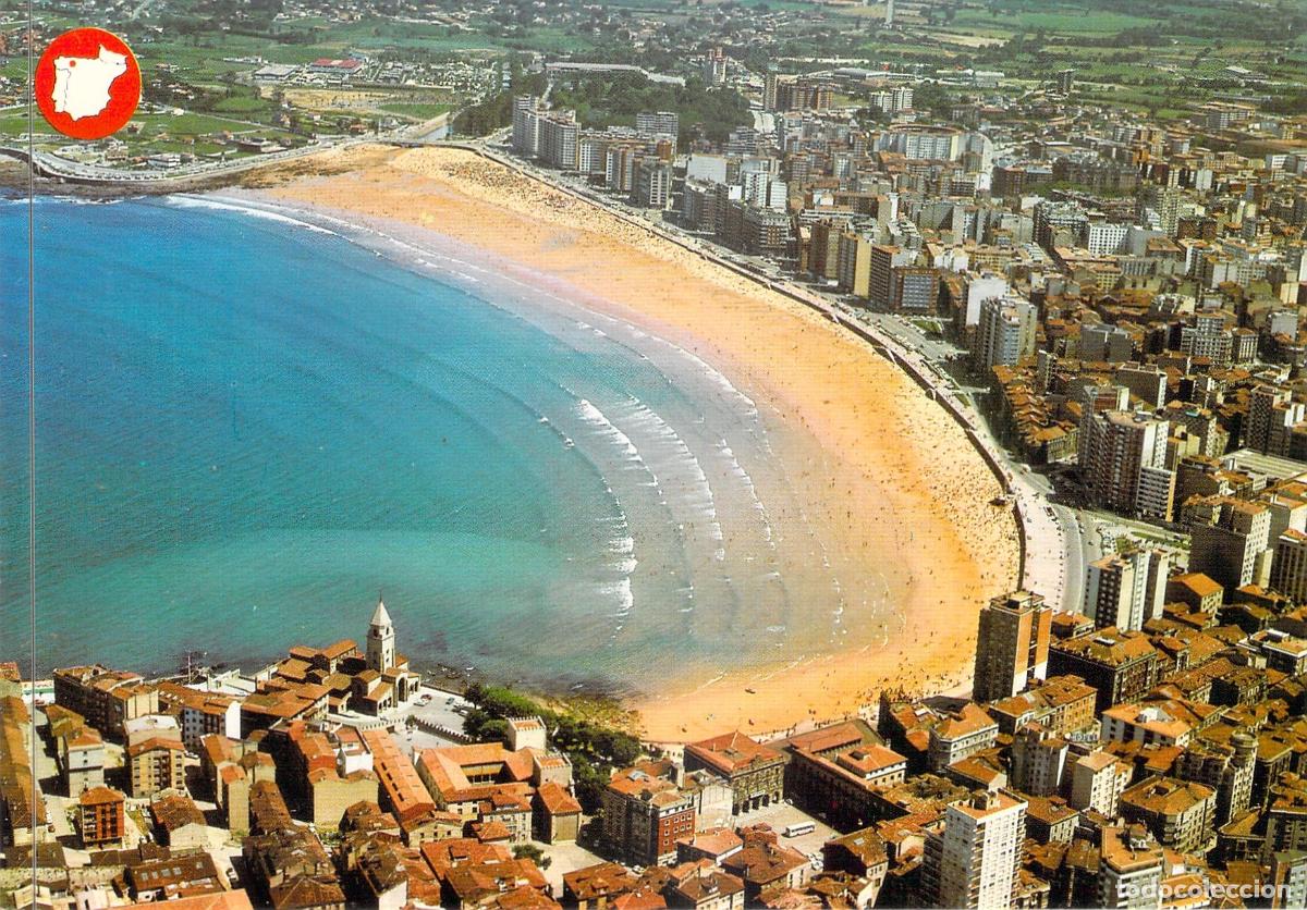Postales: Postal de la Playa de San Lorenzo y Gij&oacute;n Vista A&eacute;rea