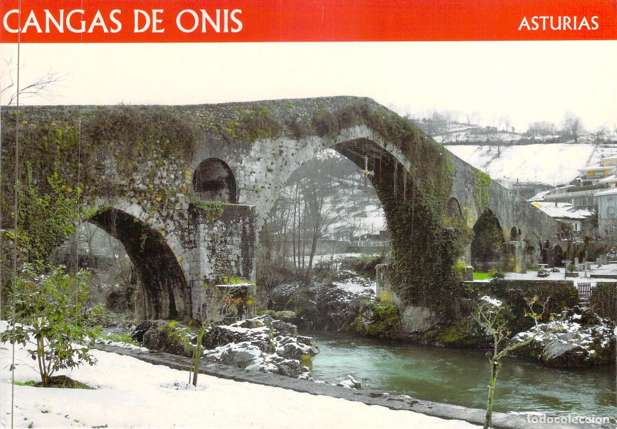 Postales: Postal de Cangas de On&iacute;s Asturias Puente Romano y Cruz de la Victoria