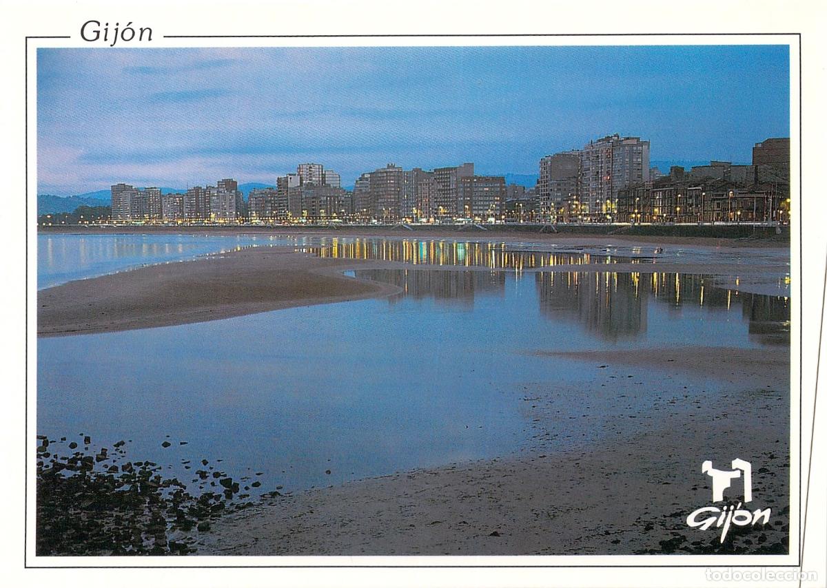 Postales: Postal de Gij&oacute;n - Playa de San Lorenzo al Anochecer