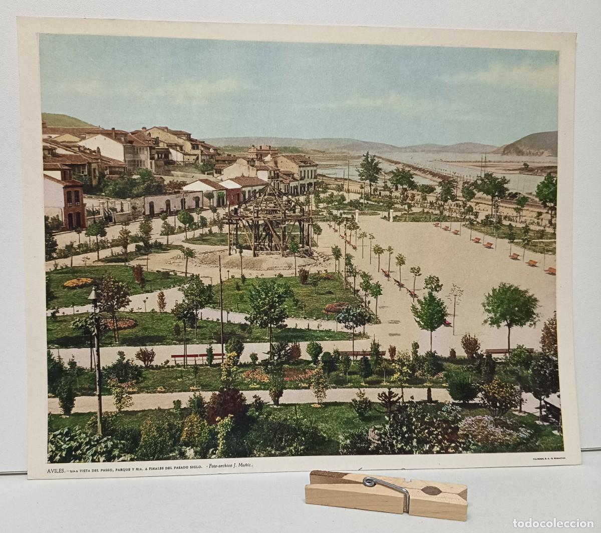 Postales: AVIL&Eacute;S. Una vista del paseo, parque y r&iacute;a finales s. XIX. (ASTURIAS)