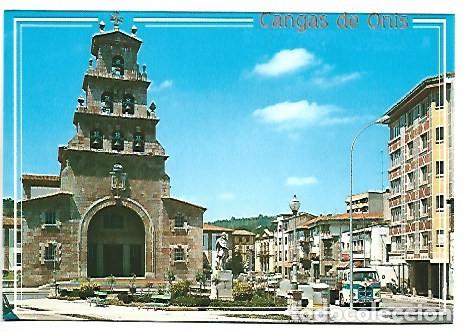 Postales: AVENIDA DE COVADONGA, IGLESIA SANTA MARIA Y MONUMENTO A D. PELAYO.- CANGAS DE ONIS