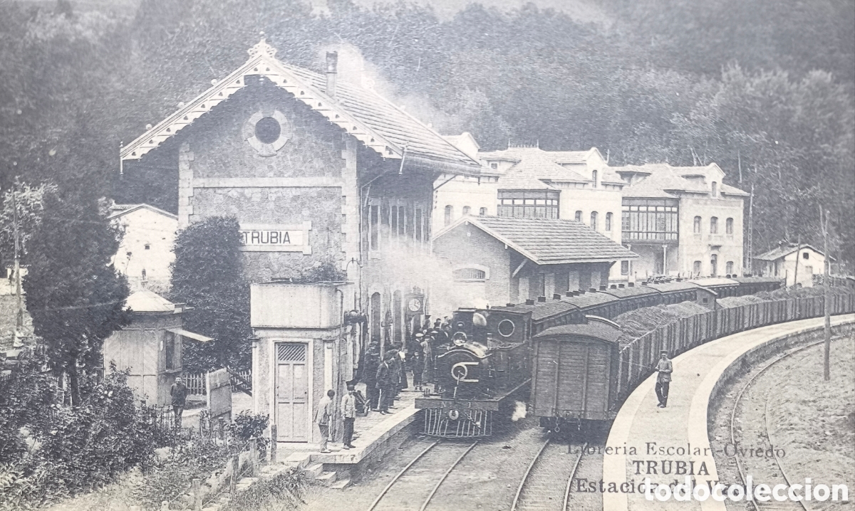 Postales: TRUBIA FERROCARRIL TREN ESTACI&Oacute;N DEL VASCO POSTAL FOTOTIPIA LIBRER&Iacute;A ESCOLAR OVIEDO ASTURIAS C. 1930