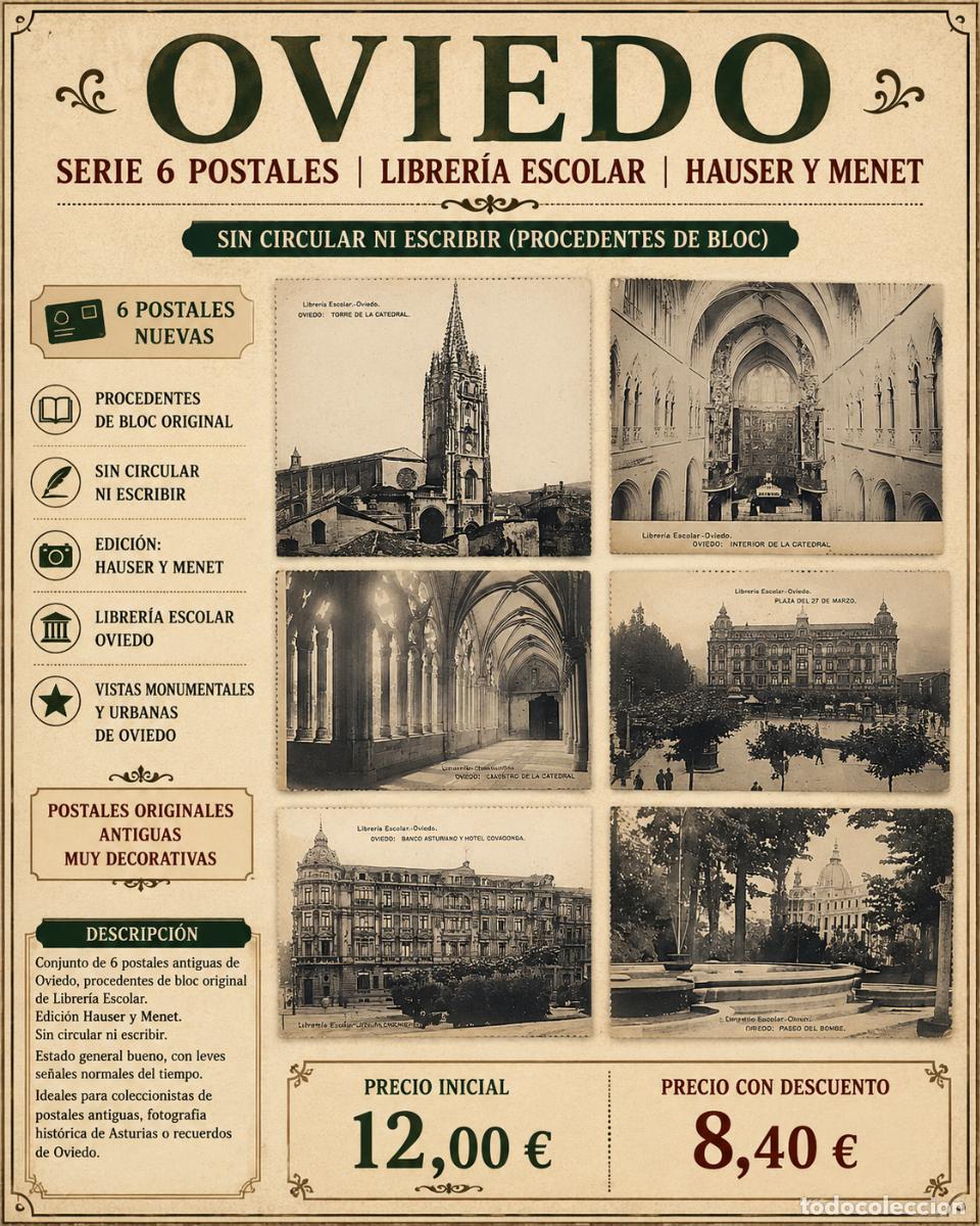 Cartes Postales: OVIEDO | SERIE 6 POSTALES | LIBRER&Iacute;A ESCOLAR | HAUSER Y MENET | SIN CIRCULAR