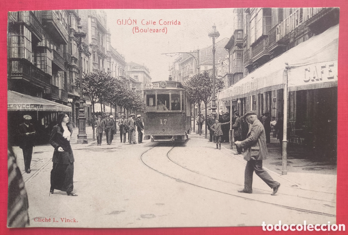 Postales: GIJ&Oacute;N CALLE CORRIDA POSTAL ANIMADA FOTOTIPIA CLICH&Eacute; L. VINCK ASTURIAS 1915