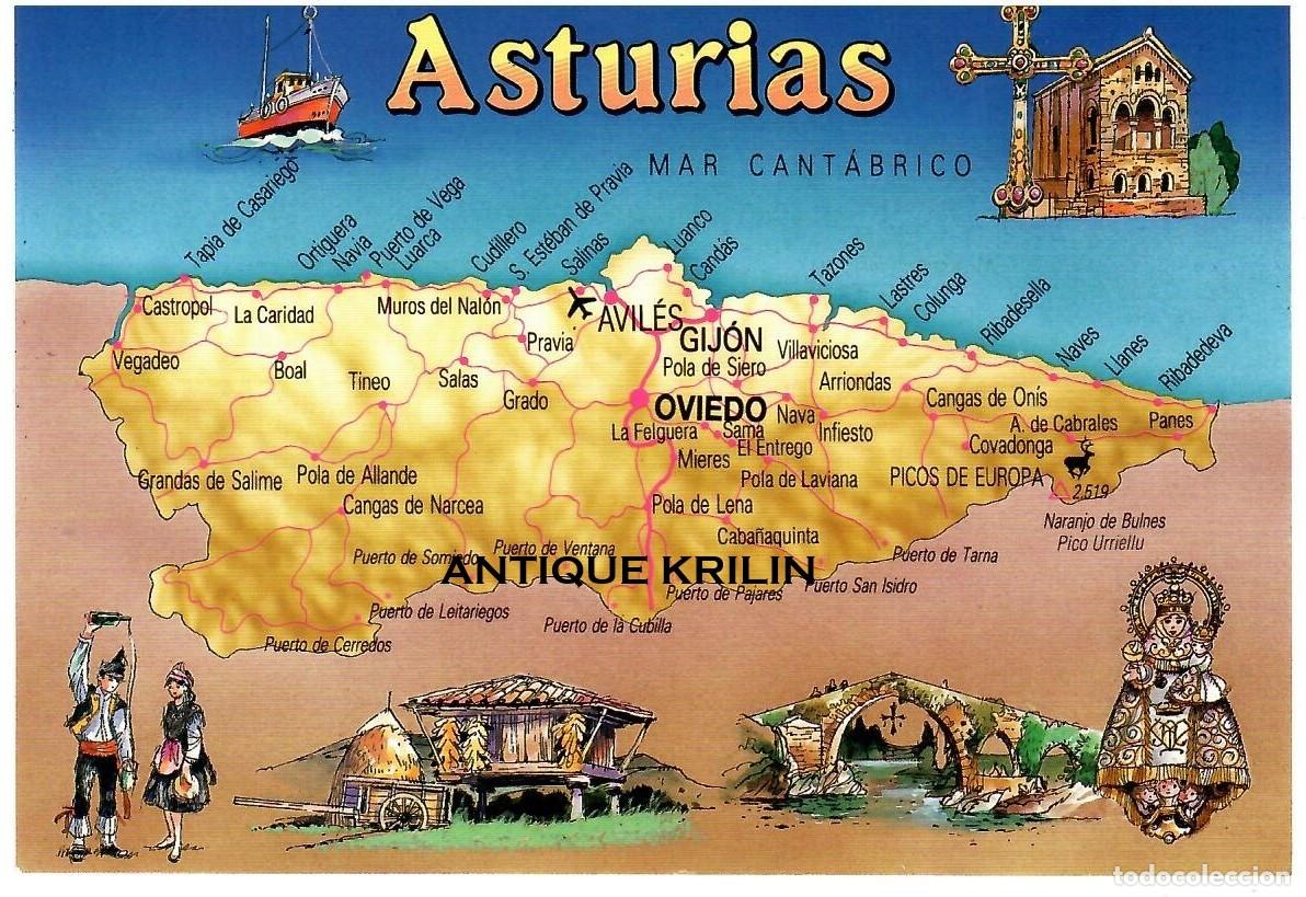 Postales: ASTURIAS N&ordm; 245 MAPA / ILUSTRA JOSEP OPISSO - ESCUDO DE ORO / SIN FRANQUEAR