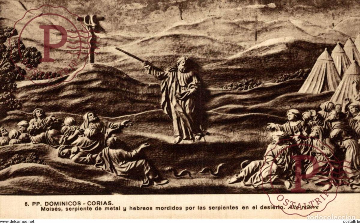 Postkarten: PP Dominicos Corias Mois&eacute;s serpiente de metal y hebreos mordidos por las serpientes en el desierto