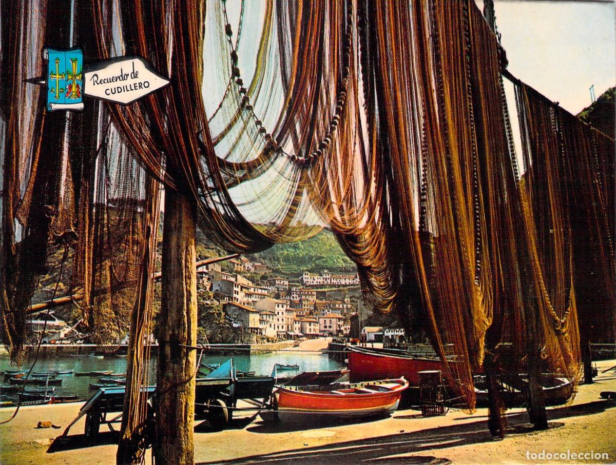 Postales: Postal de Cudillero, Vista Parcial con Redes de Pesca y Barcos