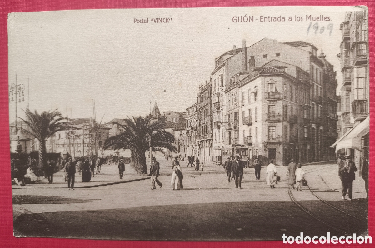 Postales: GIJ&Oacute;N ENTRADA A LOS MUELLES POSTAL ANIMADA FOT&Oacute;GRAFO VINCK ASTURIAS C. 1910