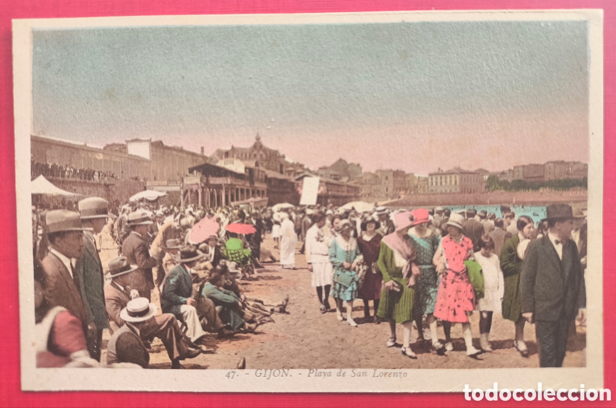 Postales: GIJ&Oacute;N PLAYA SAN LORENZO POSTAL ANIMADA A COLOR ASTURIAS C. 1910