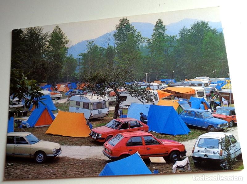Postales: TARJETA POSTAL CAMPING COVADONGA CANGAS DE ON&Iacute;S ASTURIAS. ANTIGUA. COCHES CARAVANAS EPOCA