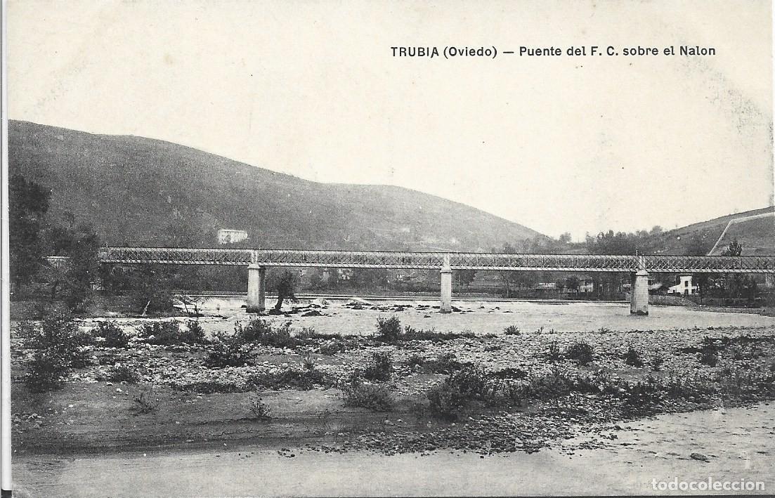 Postales: TRUBIA (ASTURIAS) - PUENTE DEL FERROCARRIL DESDE EL NALON - M.G. OVIEDO