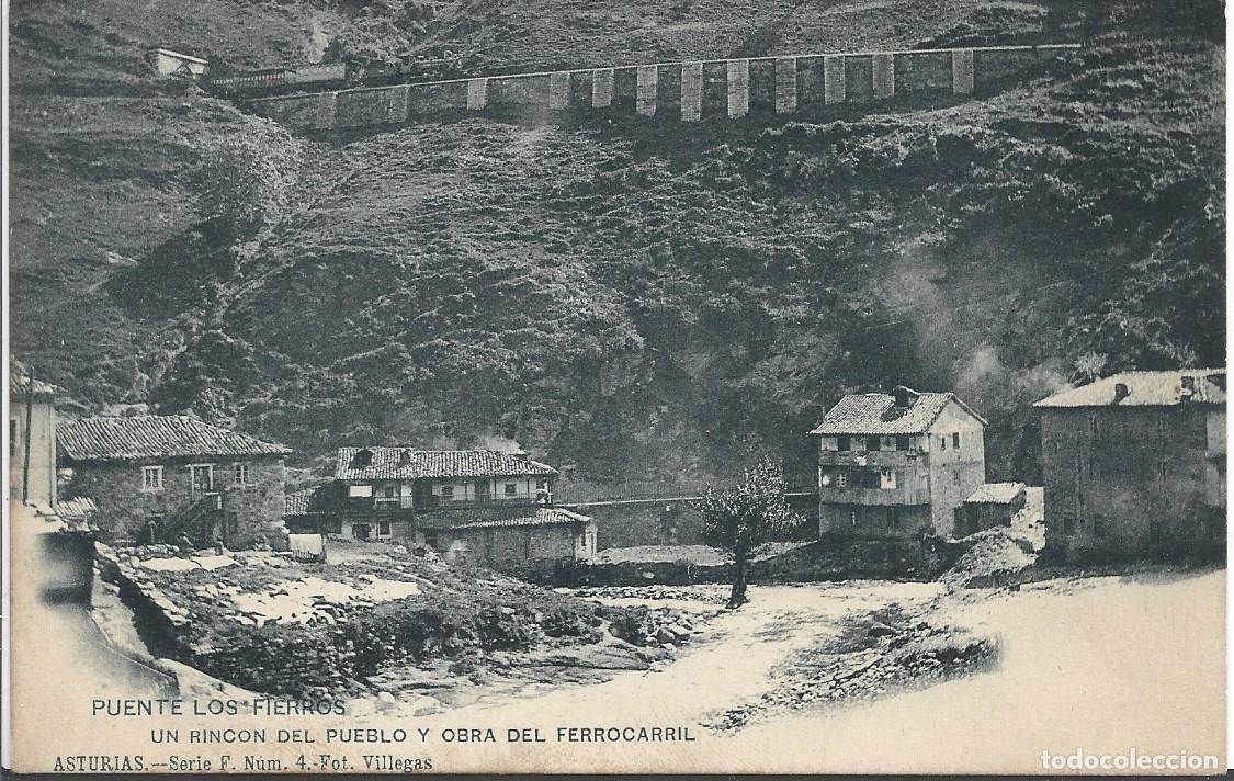 Postales: PUENTE LOS FIERROS (ASTURIAS) - UN RINCON DEL PUEBLO Y OBRA DEL FERROCARRIL - HAUSER Y MENET. MADRID