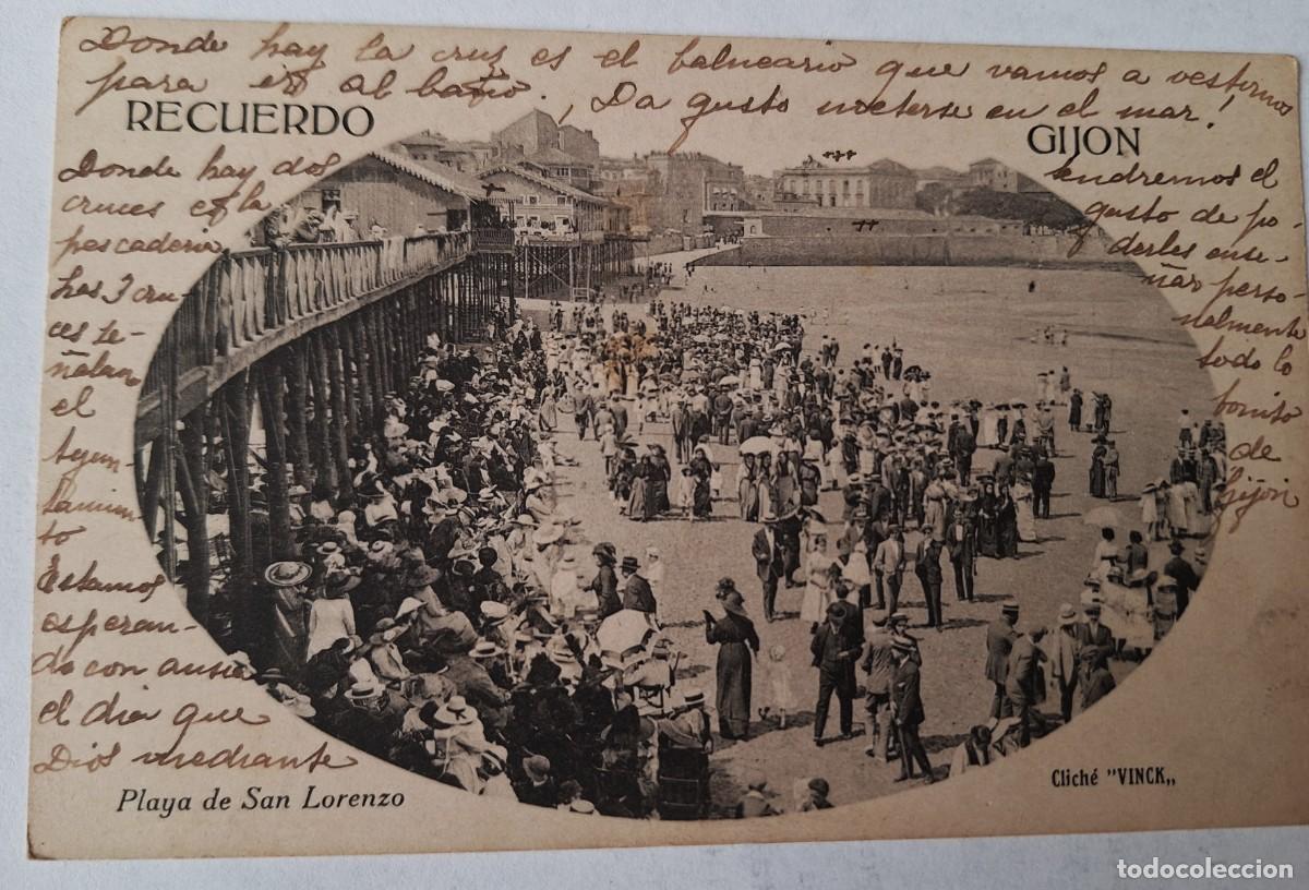 Postales: GIJON - POSTAL MUY ANTIGUA MANUSCRITA EN 1920 - PLAYA DE SAN LORENZO