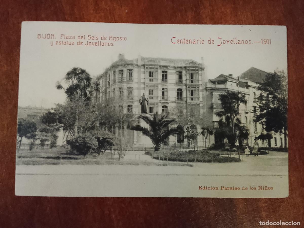 Postales: Postal de Gij&oacute;n. Plaza del Seis de Agosto y estatua de Jovellanos. Centenario de Jovellanos. 1911