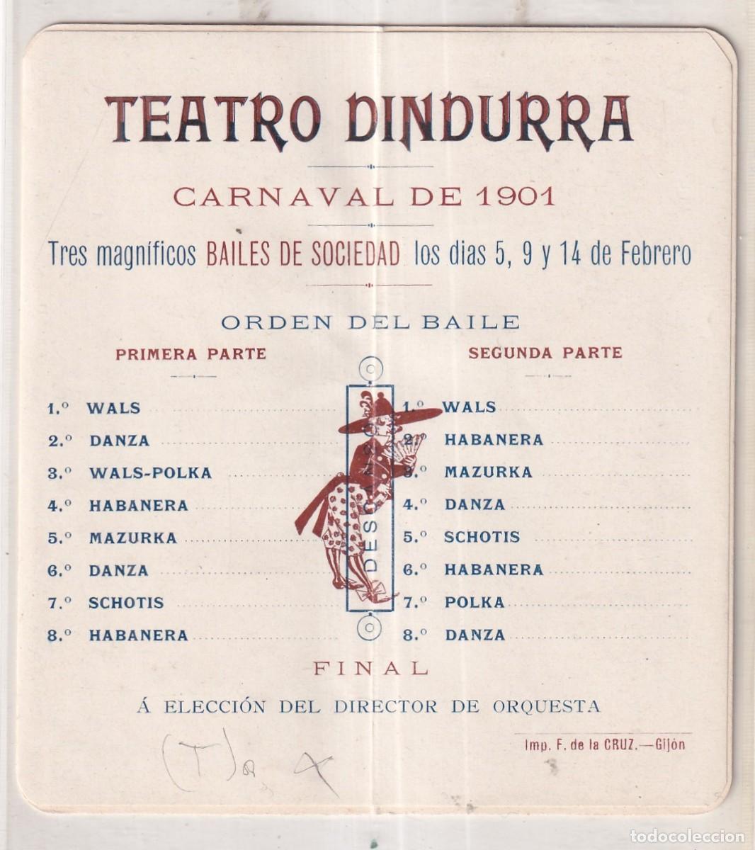 Cartoline: Precioso y antiguo programa Teatro Dindurra Carnaval 1901 Gij&oacute;n 10 x 11 cm (abierto)