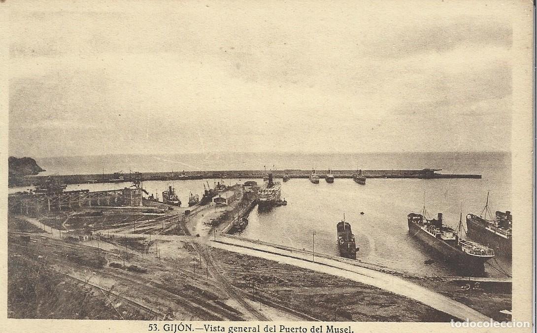 Postales: GIJ&Oacute;N (ASTURIAS) - VISTA GENERAL DEL PUERTO DEL MUSEL - GRAFOS, MADRID